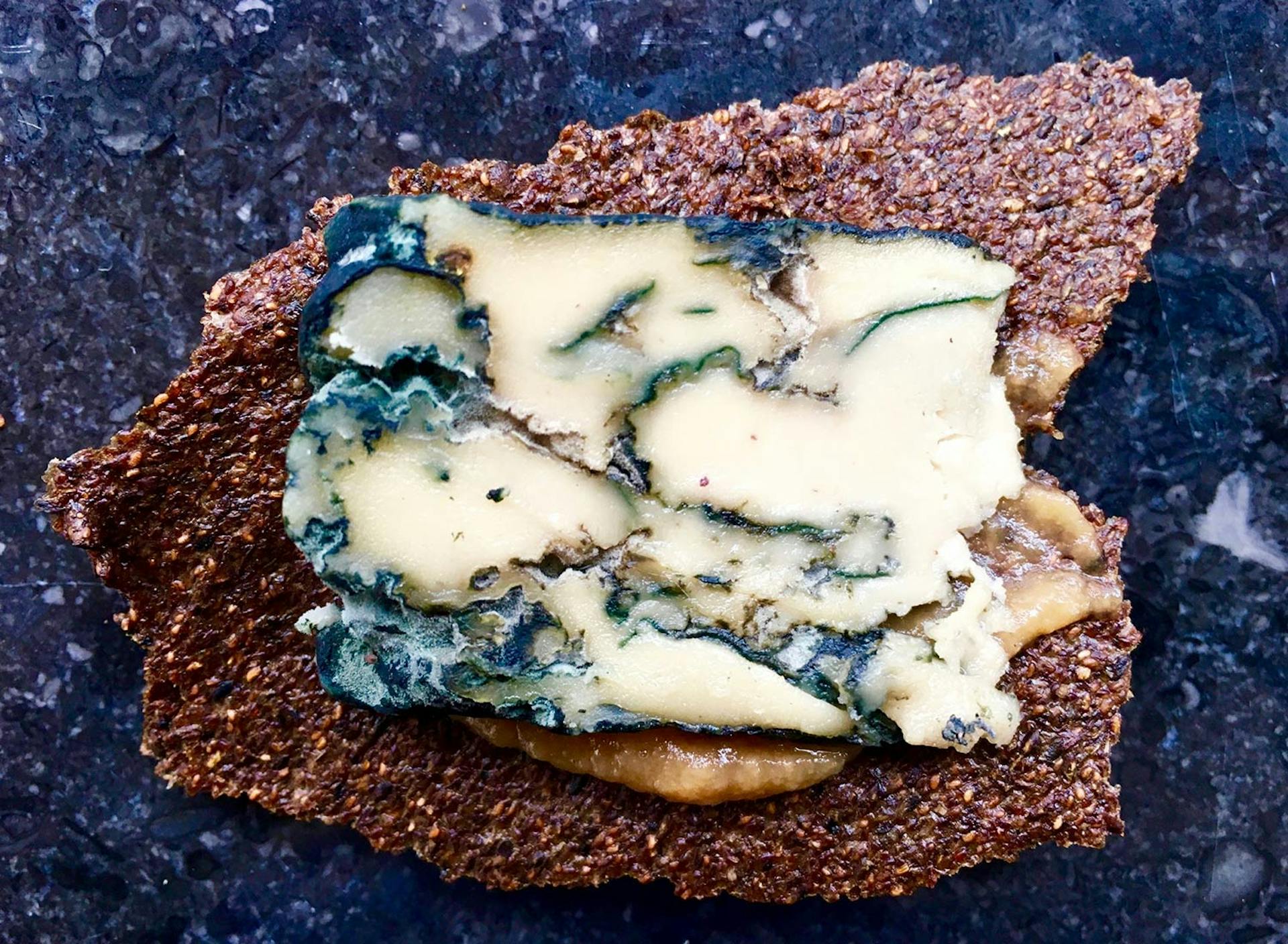 Food Lab at SHO: vegan gastronomy in a cold climate | ripened hazelnut blue cheese on plantain seed cracker with rose-pear gel