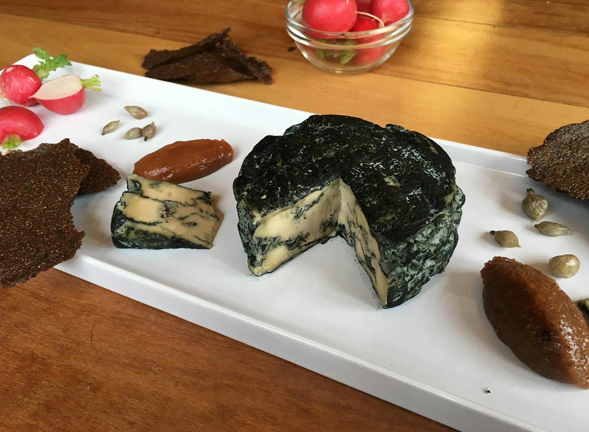 Food Lab at SHO: vegan gastronomy in a cold climate | ripened hazelnut blue cheese, plum & pear gels, fermented chive buds and plantain seed crackers